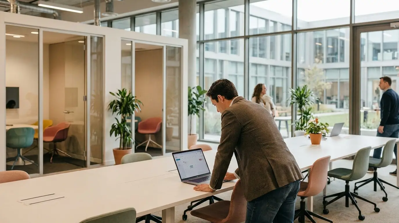 Founder reviewing a plan at a standing desk