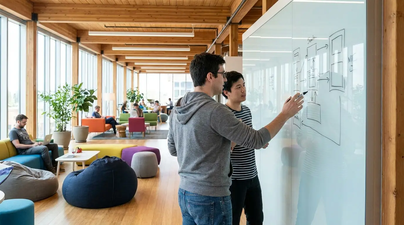 Engineers sketching a system diagram on a whiteboard