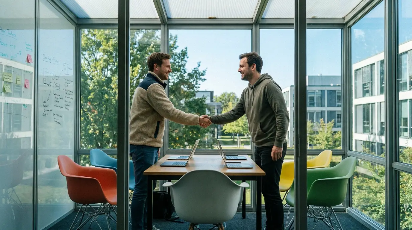 Two founders shaking hands in a meeting room